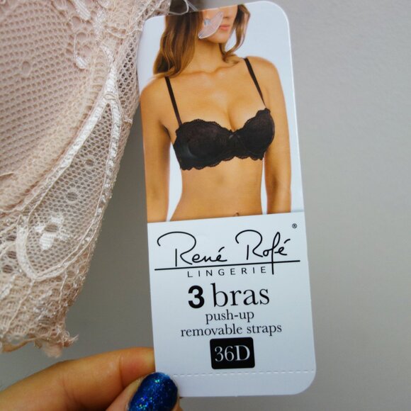 Rene Rofe 3-Pack Push up Bras Blush Pink White Tan Lace Multiway (36D) NWT! - Picture 9 of 13